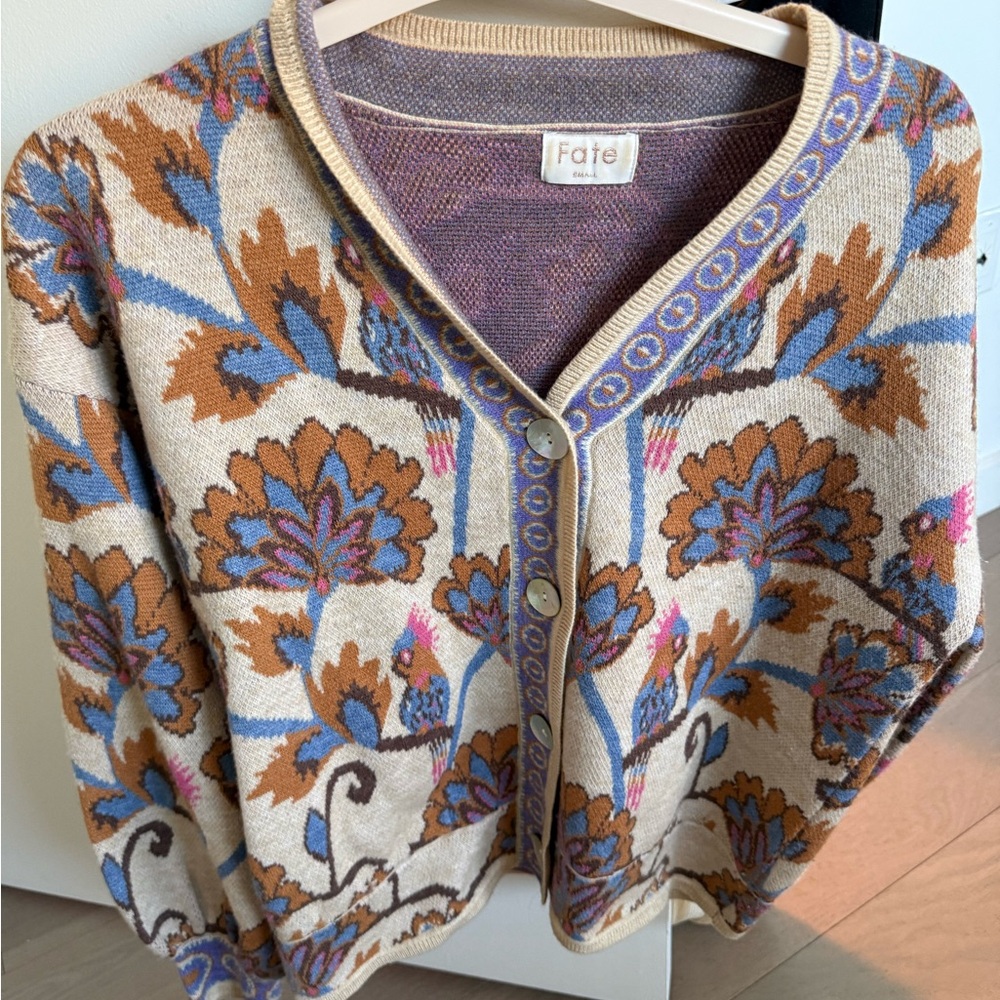 Fate Floral Knit Cardigan - Cream, Brown & Blue Accents